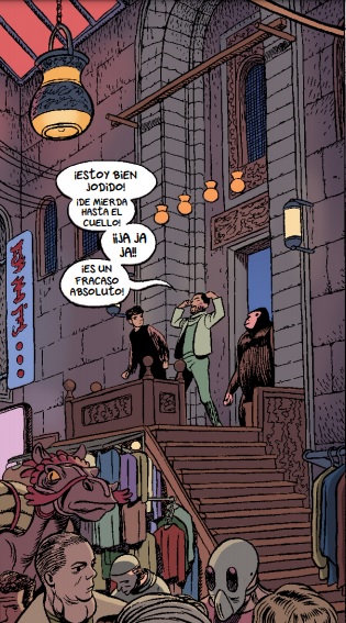 Imagen del cómic Aama de Frederik Peeters. Tres personajes fuera de un edificio. Uno de ellos, con los brazos hacia arriba, dice "¡Estoy bien jodido! ¡De mierda hasta el cuello! ¡JAJAJA! ¡Es un fracaso absoluto!"