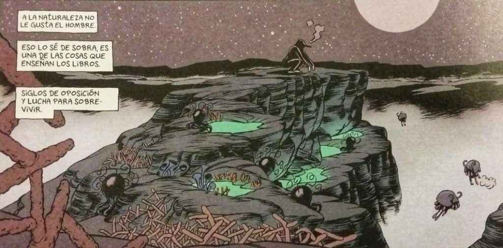 Imagen del cómic Aama de Frederik Peeters. Un personaje simiesco de forma humanoide que fuma un puro, de cuclillas, mira al horizonte desde un acantilado con bichos extraños y la luna de fondo. 