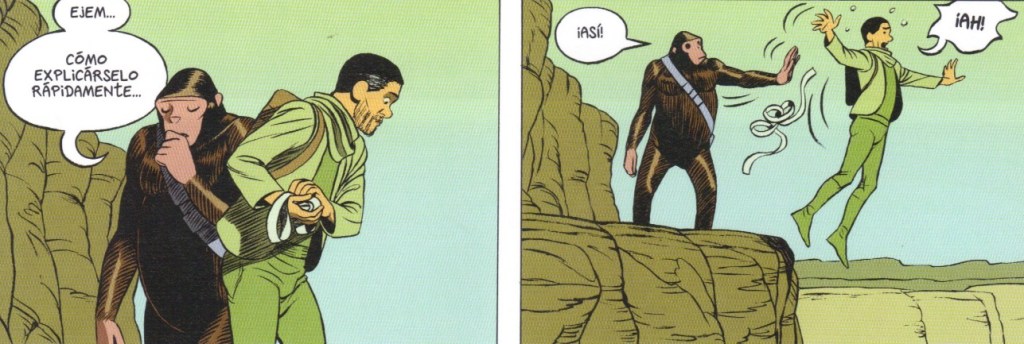 Imágenes del cómic Aama de Frederik Peeters. Un personaje, que es un simio de altura y porte humanoides, le dice al otro "ejem...cómo explicárselo rápidamente ¡Así!" y le arroja por un acantilado