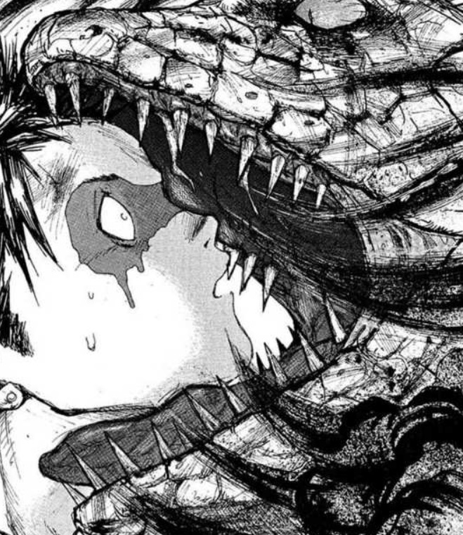 Kaiman, protagonista del manga Dorohedoro, se introduce la cabeza de uno de sus enemigos en la boca
